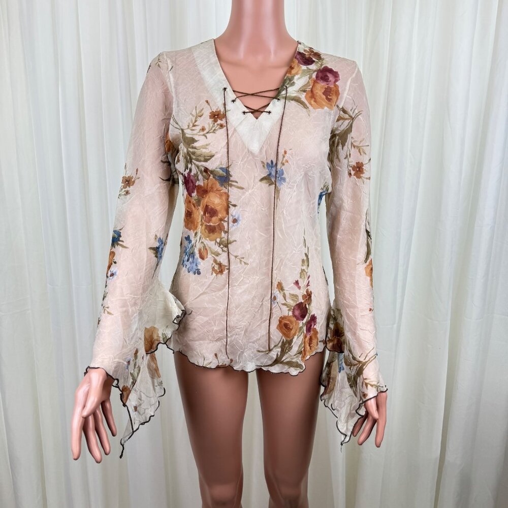 90's Y2K Freelance Floral Bell Sleeves V-Neck Peasant Top Blouse Size Medium Bei